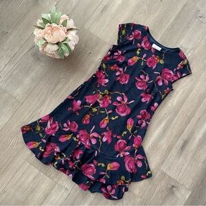 New Robbie Bee Navy Orchid Floral Short Sleeve Ruffle Dress